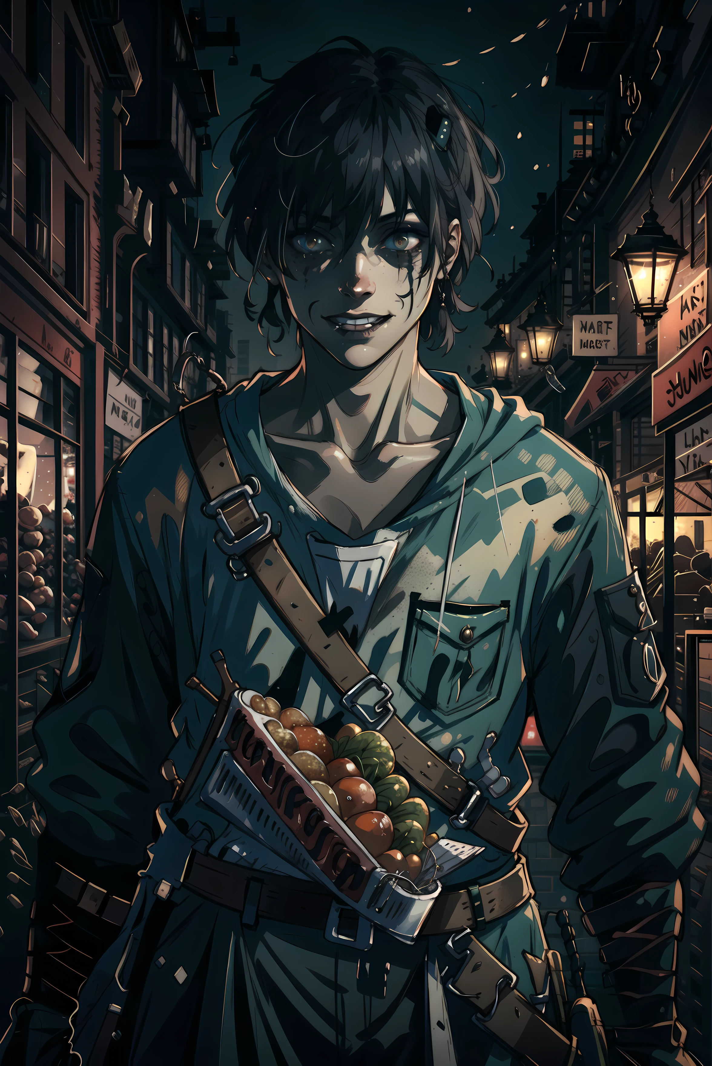 a butcher boy, by Ismail Inceoglu, "crazy smile, <lora:crazyExpressions_crazyExpressions:1>", goth makeup, <lora:gothGirlLora_v10:0.7>