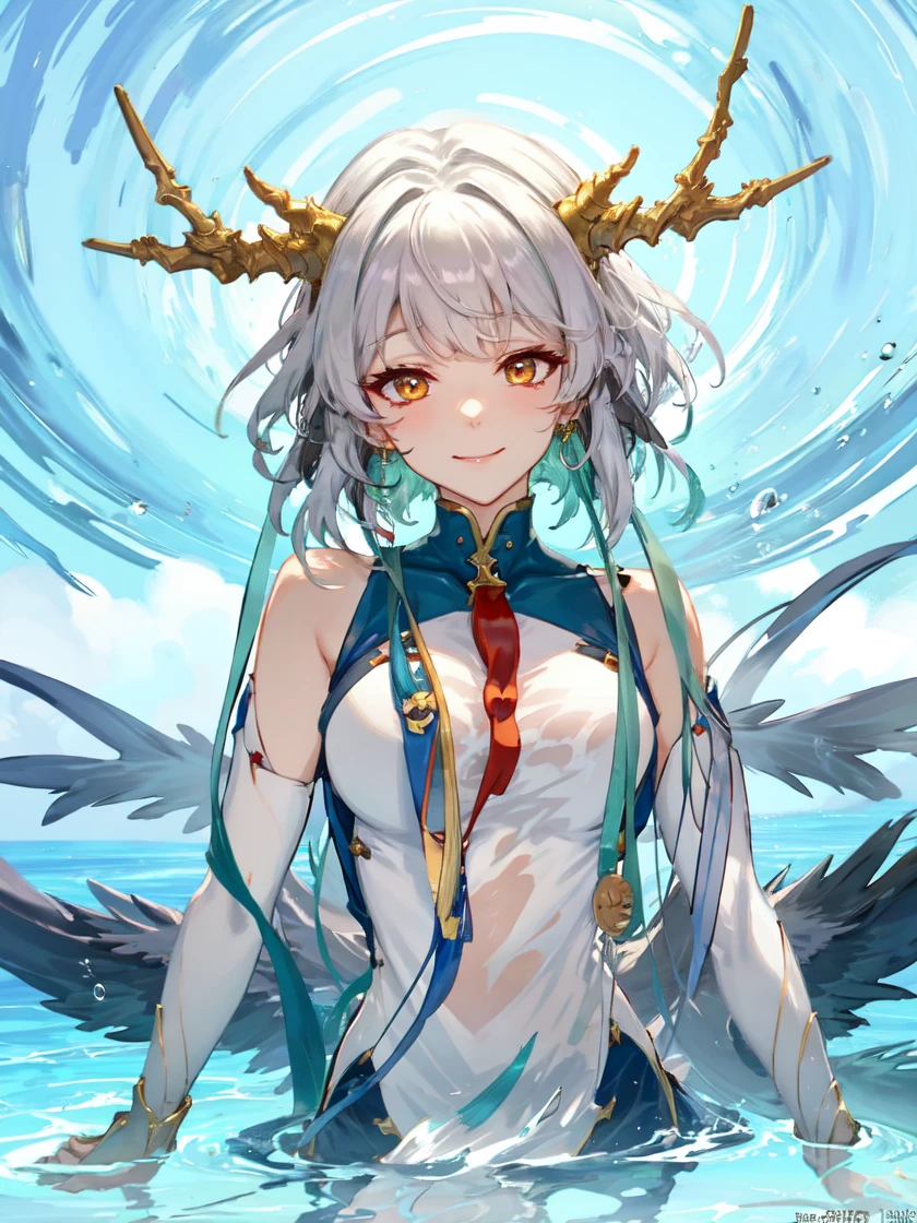 masterpiece,best quality,highres,1girl,solo,<lora:ShadowverseSilong_v2:0.7>,<lora:watervfxCreateMore_v1:0.2>,water,wet clothes,legs together,shy,embarrassed,looking at viewer,horns,yellow eyes,shaded,glowing eyes,white dragon claws,waving hair,floating hair,white legwear,(fat legs:1.2),bottomless,absloute realm,skindentation,gradient hair,multicolored hair,medium hair,long bangs,water reflections,huge breasts,extremely detailed,dramatic angle,finely detailed eyes,pretty legs,bare shoulders,(mature female:1.4),(matured face:1.3),(sideboob:0.6),white hair,green hair,green bangs,blush,sitting,(random point of view:1.2),shy,smile,(half-closed eyes:1.1),portrait,(close-up:0.85),(upper body:0.75),sweaty,see-through