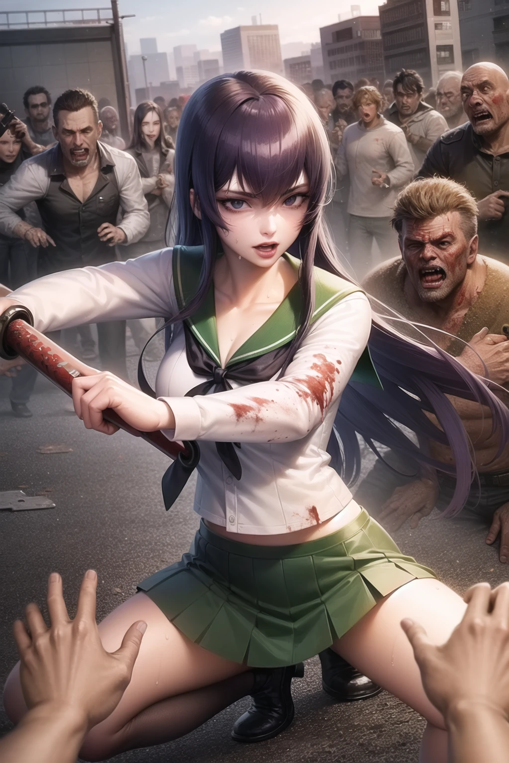 <lora:busujima_saeko_v1.0:1>, busujima saeko, school uniform, holding sword, katana, sheath, fighting stance, torn clothes, torn skirt, blood splatter, blood on clothes, pleated skirt, long skirt, pov hands, foreshortening, zombie, fleeing, incoming attack, blood on weapon, city, zombie crowd, multiple boys, looking to the side,, masterpiece, best quality, highly detailed