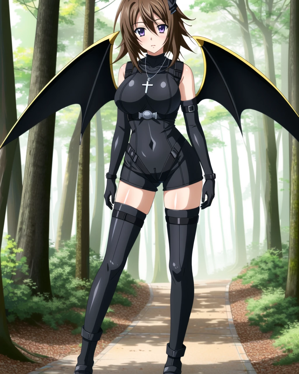 masterpiece, best quality, ultra-detailed, hires, beautiful, detailed hair and eyes,
1girl, Venelana Gremory dxd, large breasts,ahoge,brown hair, purple eyes, short hair, ,ature woman, adult woman,
(dxd outfit:1.4), elbow gloves, black gloves, covered navel,thigh boots, turtleneck, cross necklace, necklace, cross,
symmetrical demon wings, dxd wings,
<lora:dxdV11-000003:0.65>,
full body,
standing, forest