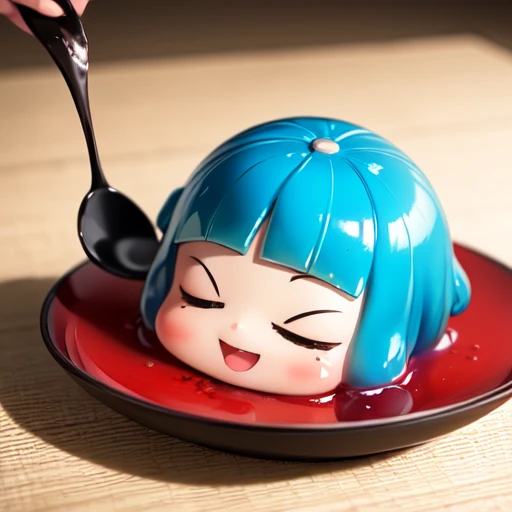 (bean paste jelly and  chibi face made by agar and sugar on plate:1), :D,  a surrealist sculpture, (oblate coated gloss finish face:1.2),(mizuyoukan bangs:1.3), looking_down, from side, yukkuri shiteitte ne, tea spoon, traditional media,