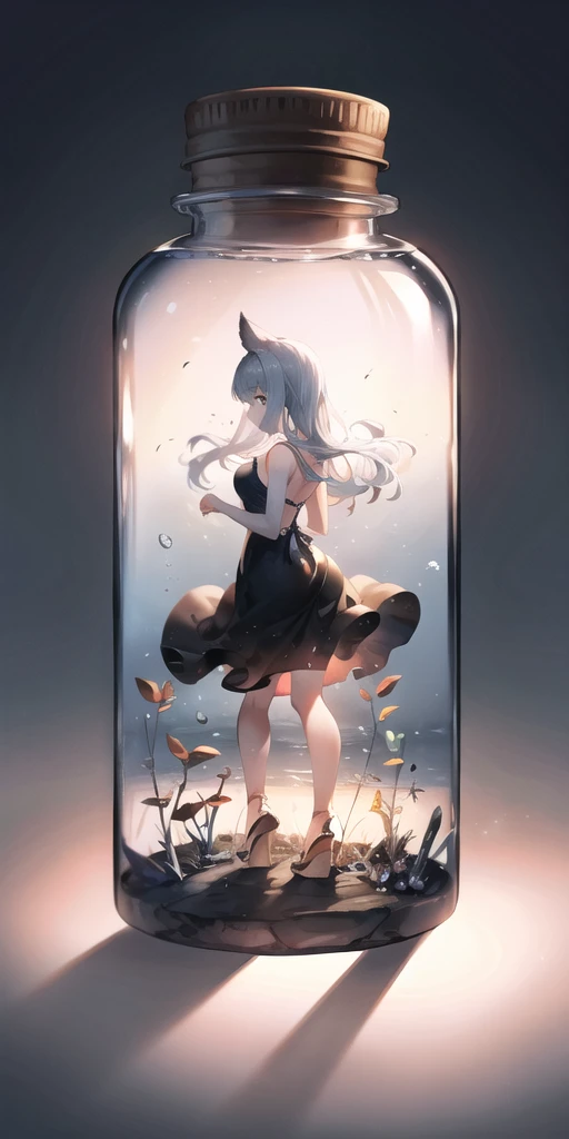 <lora:bottle_locon_v1a:0.7>,in bottle,in container, <lora:korwa_locon_v1c:0.6>,1girl, solo, full body, standing, submerged, water, simple background, close-up, arms behind back, black dress,