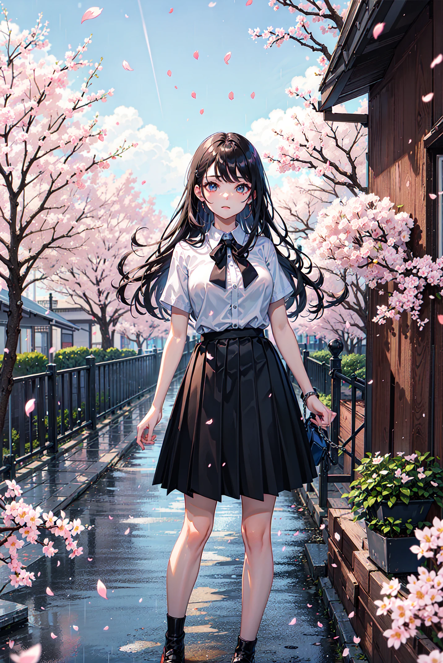 masterpiece, best quality, 1girl, black skirt, branch, building, chain-link fence, cherry blossoms, fence, long hair, outdoors, petals, pleated skirt, rain, shirt, short sleeves, skirt, solo, standing, tree, sky,street