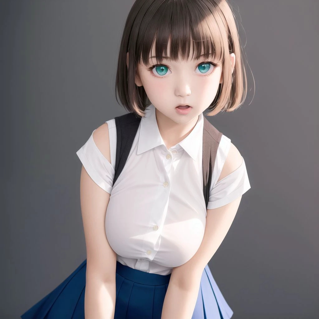 1girl, bangs, bent over, black footwear, blue skirt, blue socks, blush, breasts, brown hair, brown vest, collared shirt, green eyes, grey background, looking at viewer, looking back, looking through legs, medium breasts, open mouth, pleated skirt, shirt, shoes, short hair, simple background, skirt, sleeves rolled up, socks, solo, standing, upside-down, vest, white shirt
