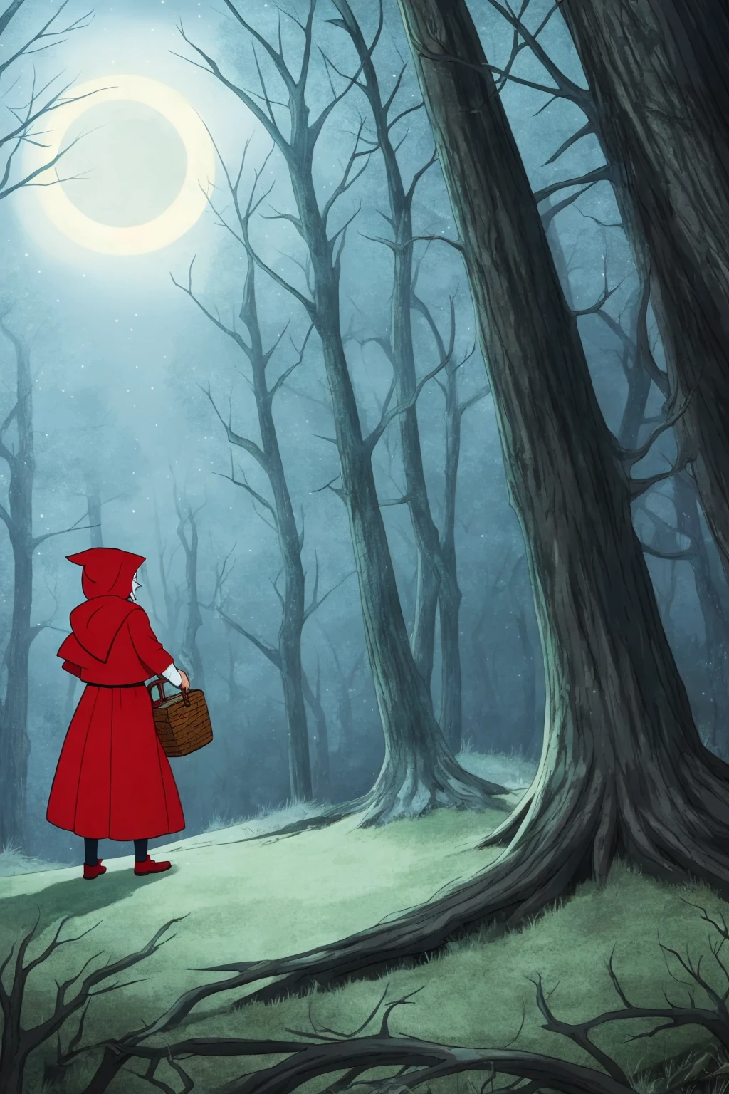 2d animation classic style little girl red riding hood in a creepy forest midnight moonlight atmospheric
(masterpiece:1.2) (cell shading) (animation) (flat color illustration:1.1) (best quality:1.2) (clean lines)