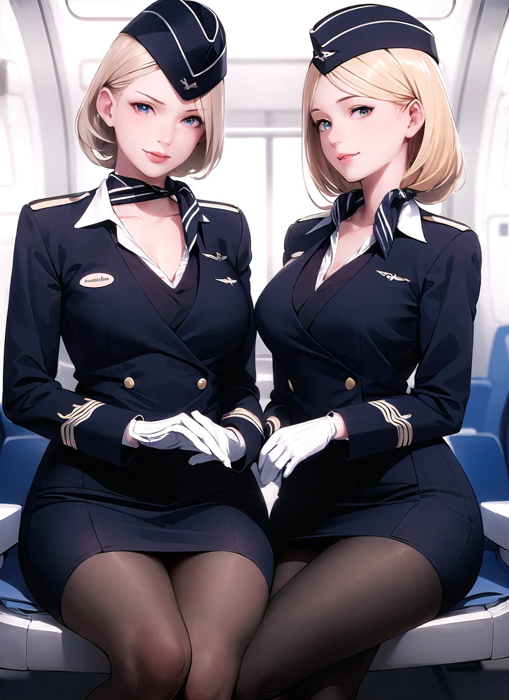 multiple girls,2girls,stewardess,dark blue uniform,garrison cap,pantyhose, white gloves,realistic,blonde, pale skin,mature female,Russian,looking at viewer ,seductive smile, (masterpiece, high quality:1.2)<lora:RussianStewardess_v10:1>