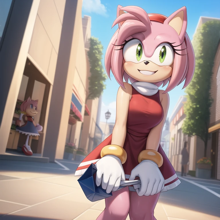 (masterpiece, best quality:1.1), (amy rose:1.1), 1girl, solo, dress, pink skin, looking at viewer, smile, detailed eyes, outdoors, marketplace, shopping