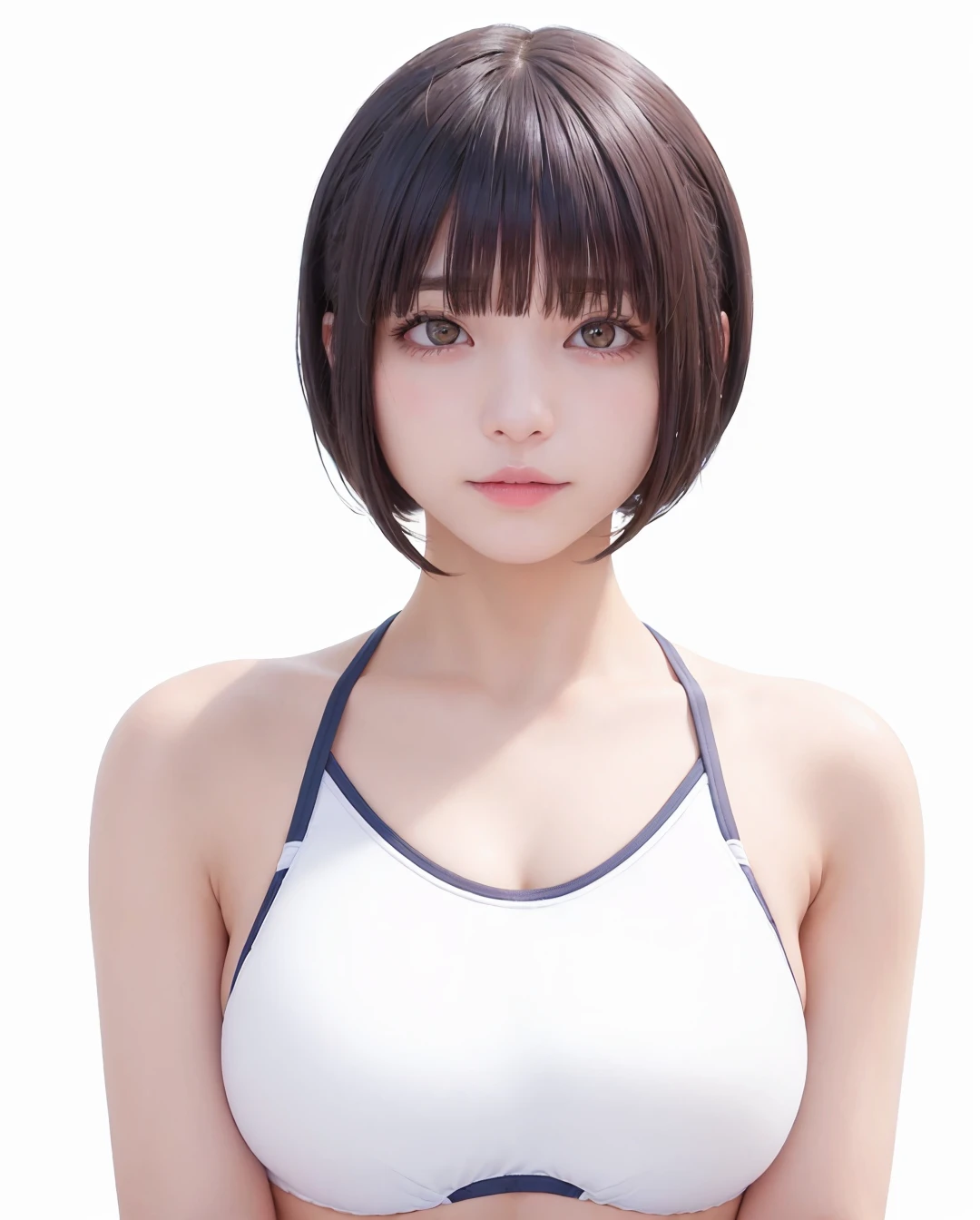 best quality, photorealistic, 8k, high res, 1girl, woman, (skindentation), (portrait:0.6), gorgeous, ((whitebackground, sport bra, small breast:1.65)), (short hair, parted bangs:1.6), looking at viewer,  (1girl eyes looking at viewer:1.6), photorealistic, (bokeh), (smile:1.3), gorgeous, pureerosface_v1:1, <lora:grav-nagi:0.55>