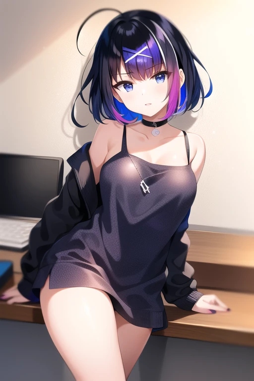 masterpiece, best quality, 1girl,(solo:1.3),standing,
HibikiHimekawa,short hair,multicolored hair,black hair,purple hair,blue hair,cross hair ornaments,blue eyes,