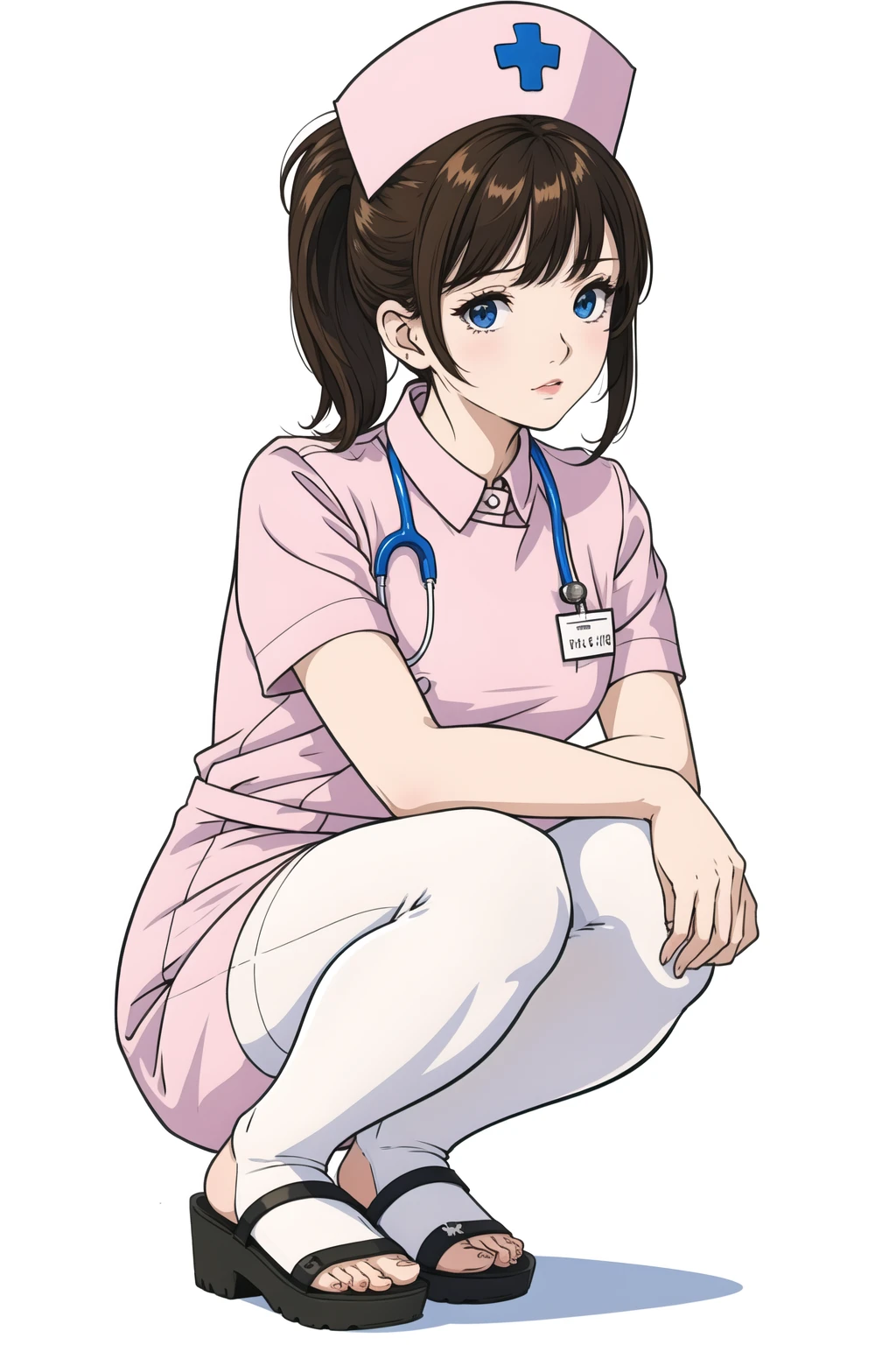 ((((masterpiece)))), ((((highly detailed)))),[[[realistic art]]], beautiful child girl, slender,small breasts, ((((bangs)))), ((1girl)),solo,((looking afar)), [expressionless], medium hair, short ponytail,(((nurse))),short sleeves, (((nurses cap))), white panties, ((white pantyhose)), (white Nurse Sandals), stethoscope, ((pigeon toed)),((squatting)), name tag, foot focus, from below, full body , hug clipboard, Medical cabinet, medical office,

,[(white background:1.5),::5]