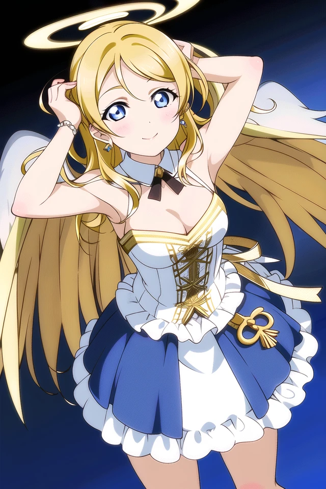 masterpiece, best quality, masterpiece, (1girl), <lora:LLCharV2-8:1>, (LLChar),(ayase eli:1.1), (blonde hair, blue eyes), white dress, angel, heaven, angel wings, holy light, light rays, arms up, looking up, halo