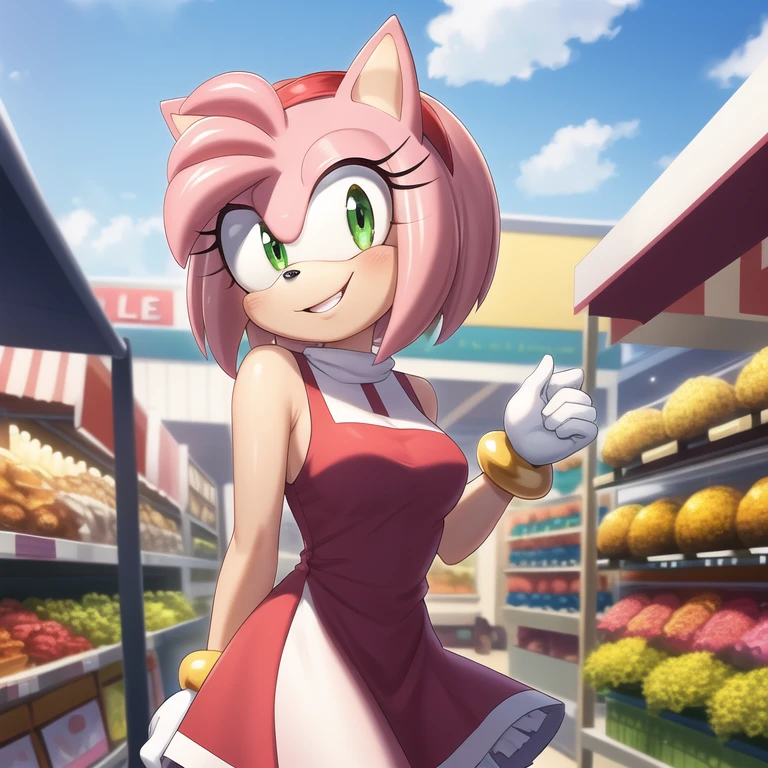 (masterpiece, best quality:1.1), (amy rose:1.1), 1girl, solo, dress, pink skin, looking at viewer, smile, detailed eyes, outdoors, marketplace, shopping