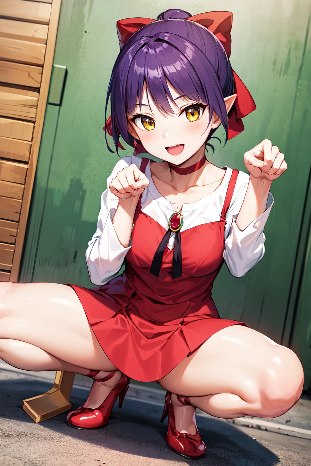 masterpiece, best quality, highres, nmm1, nekomusume, nekomusume \(gegege no kitarou 6\), 1girl, purple hair, yellow eyes, solo, red dress, red choker, hair bow, pointy ears, short hair, white shirt, long sleeves, red bow, bangs, collarbone, brooch, jewelry, <lora:nekomusume_v1:0.6>, squatting, spread legs, smile, paw pose, open mouth,