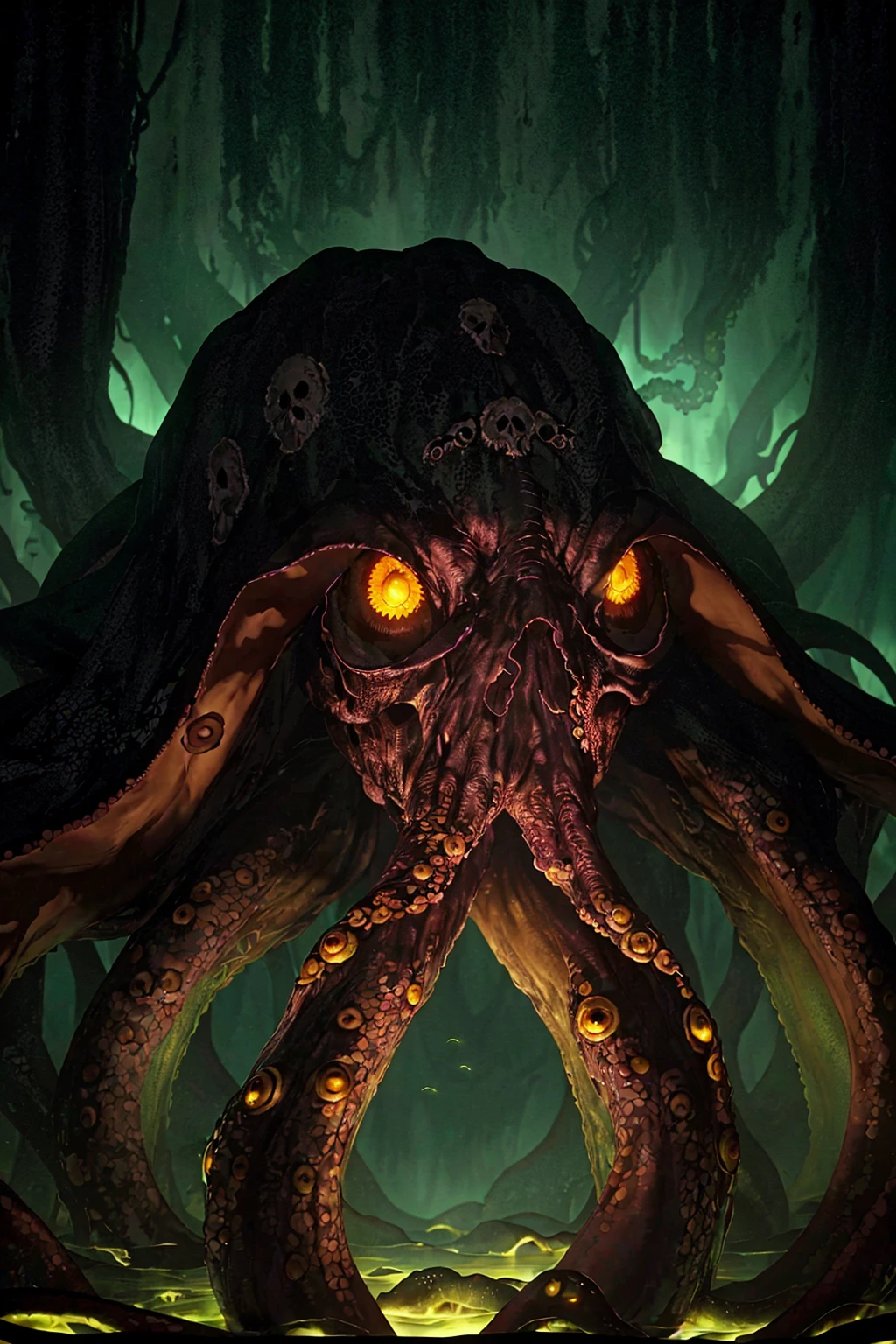dark swamp eldritch monster (skull face:1.2) rising out of the water moss slime vines (octopus tentacles:1.2) churning water fireflies midnight moonlight backlight (masterpiece:1.2) (illustration:1.2) (best quality) (detailed) (intricate) (8k) (HDR) (wallpaper) (cinematic lighting) (sharp focus) <lora:AZovyaRPGArtistToolsLORAV2:0.75>