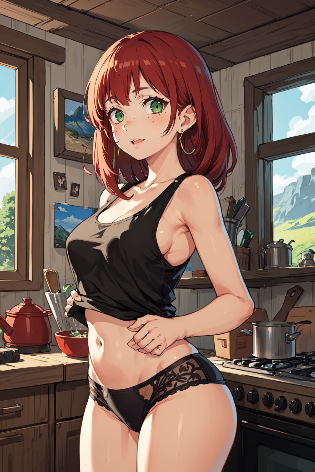 Candid Shot At Girl Picture, Natural Volumetric Lighting And Best Shadow, Deep Depth Of Field, Lively, Sharp Focus, Portrait Of Stunningly Beautiful Teenager Girl, Soft Delicate Beautiful Attractive Face With Alluring Green Eyes, Stub Earrings, Lovely Medium Breasts, Body Freckles, Seductive Smiling, Close Mouth, Windswept Disheveled Red Hair, Thick Long Straight Layered Hairstyles, Skindentation, Blush Eyeshadow With Thick Eyelashes, Parted Lips, BREAK (Black Tank Top:1.1), Very Tall With Skinny Belly, (Open Cute Navel, Slim Low Waist Panties, No Pants:1.1), Wide Hip, (Plain Shaggy Carpet, Bookshelf, Windows:1.1), (Detailed Inside Of Wooden Cabin Cottage, Kitchen Shelf, Kerosene Oil Stove, Stainless Pot:1.15), (Standing With Hands Behind Back, Looking At Viewer:1.2), (Highest Quality, Amazing Details:1.4), (Solo, Picturesque Scenery:1.3), (Raytracing, Color Grading:1.2), Bloom, Vivid Watercolor Paintings
