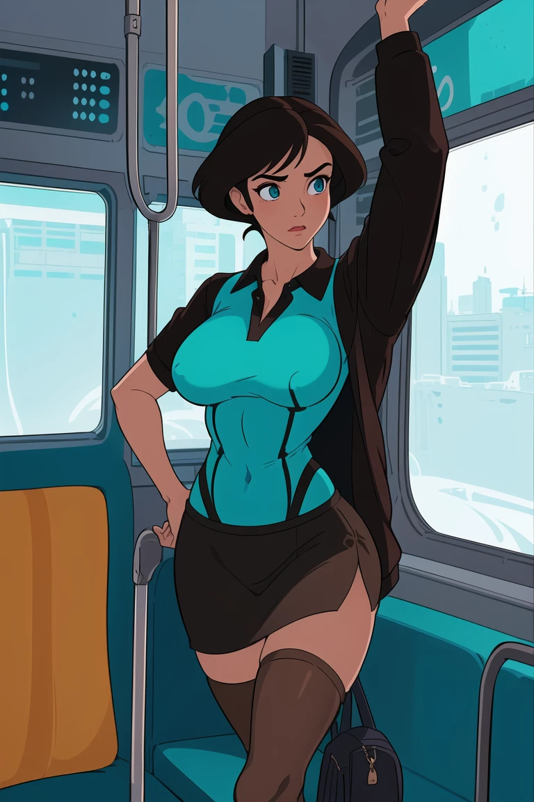 girl, (thighhighs:1.4), (hotify:1.2), (abstract:1.4), (Modern,Bus Interior:1.4),Muscular,Massive Breasts,(Standing with hand on hip),Medium Hair,Roach hair,(brown Polo Shirt,turquoise Bodycon skirt:1.3),lyrical nanoha,(masterpiece,detailed,highres:1.4)