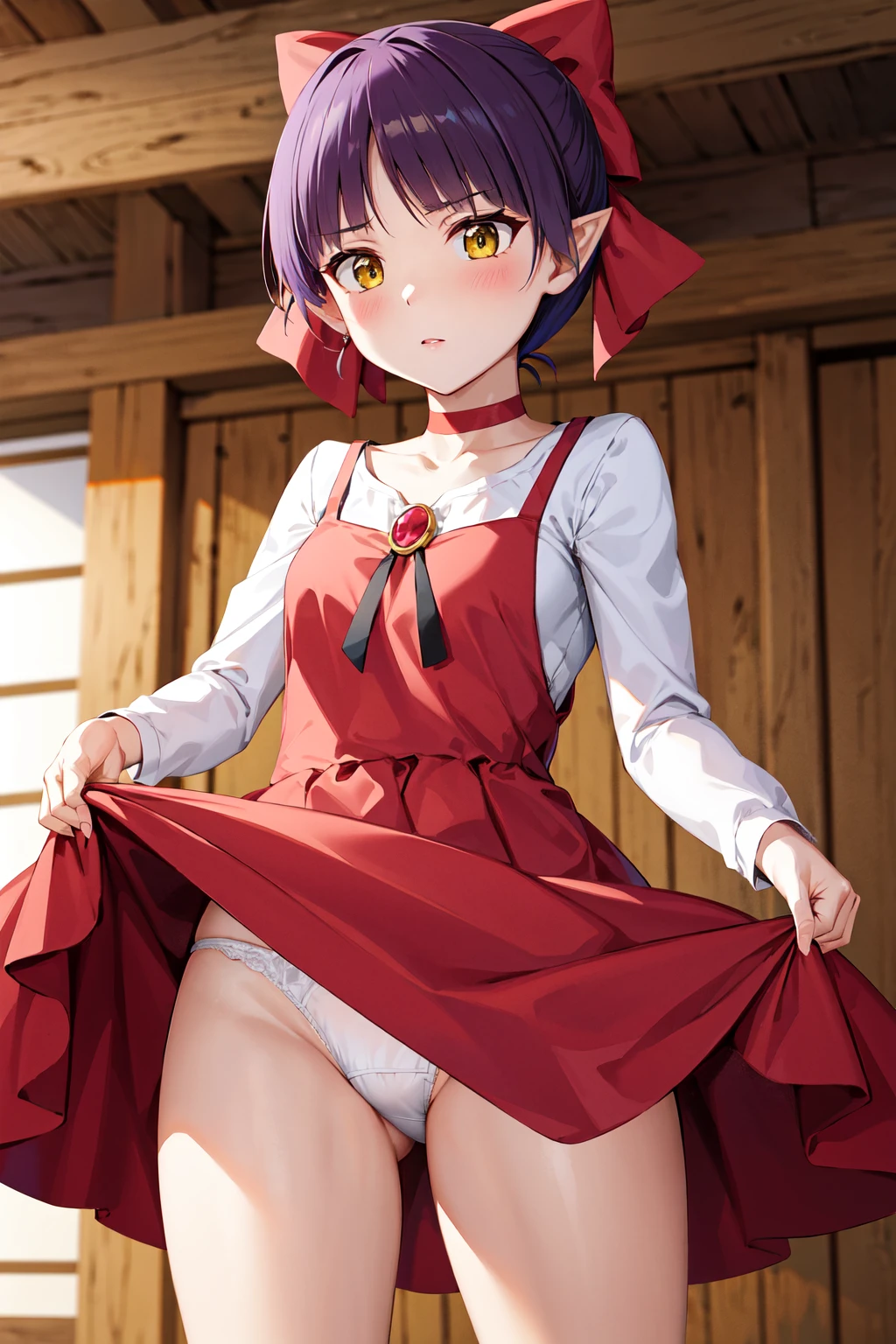 masterpiece, best quality, highres, nmm1, nekomusume, nekomusume \(gegege no kitarou 6\), 1girl, purple hair, yellow eyes, solo, red dress, red choker, hair bow, pointy ears, short hair, white shirt, long sleeves, red bow, bangs, collarbone, brooch, jewelry, <lora:nekomusume_v1:0.6>, pantyshot, white panties,