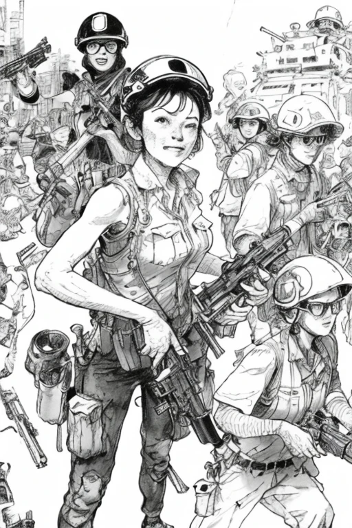 a sketch of a woman with guns and a helmet on her head and a gun in her hand, with other people behind her, underground comix, kimjunggi style