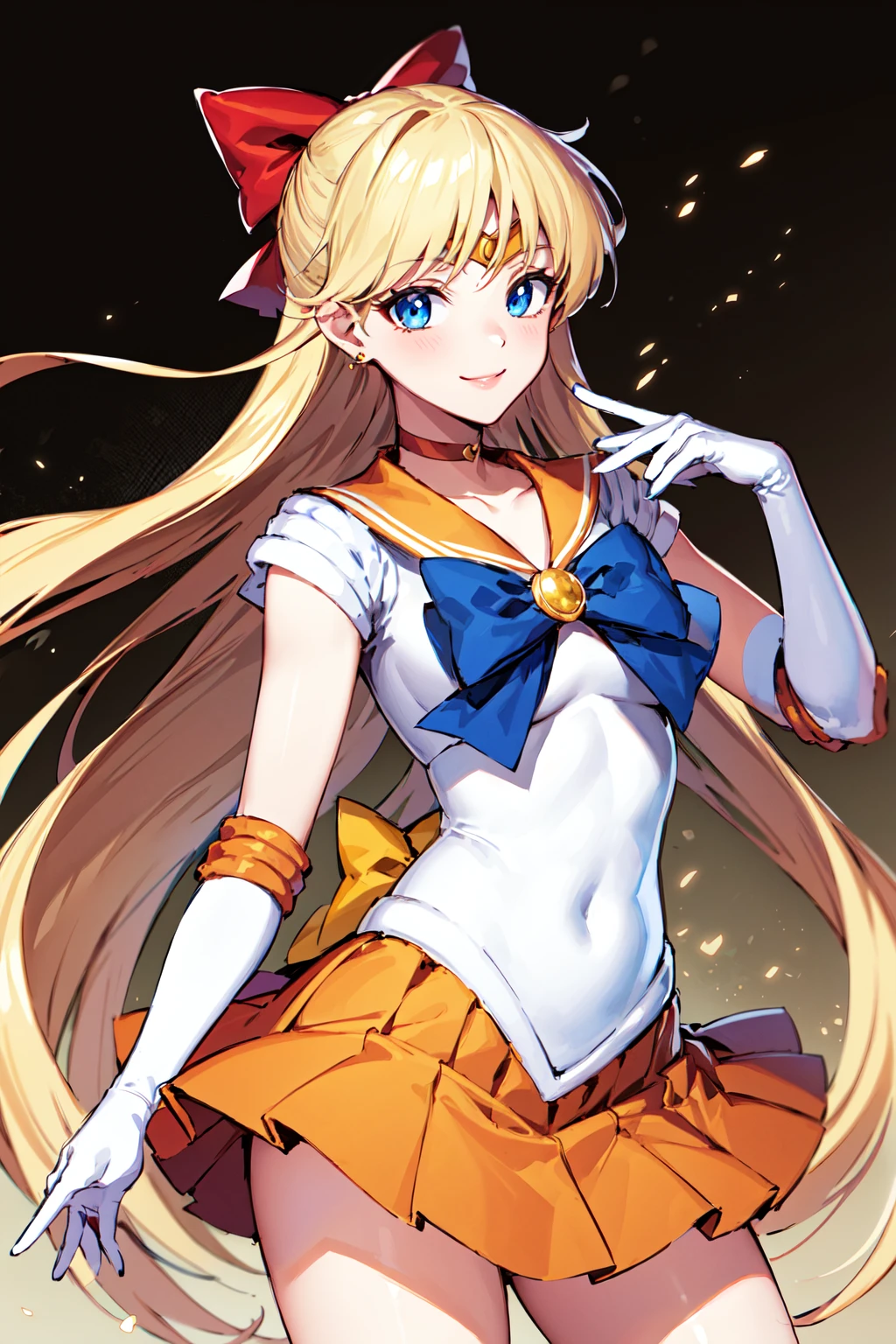 masterpiece, best quality, highres, venus1, 1girl, solo, sailor senshi uniform, sailor venus, aino minako, blonde hair, magical girl, blue eyes, orange skirt, elbow gloves, tiara, pleated skirt, hair bow, orange sailor collar, miniskirt, choker, red bow, orange choker, white gloves, very long hair,  jewelry,  earrings, <lora:sailor_venus_v1:0.6>, cowboy shot, smile,