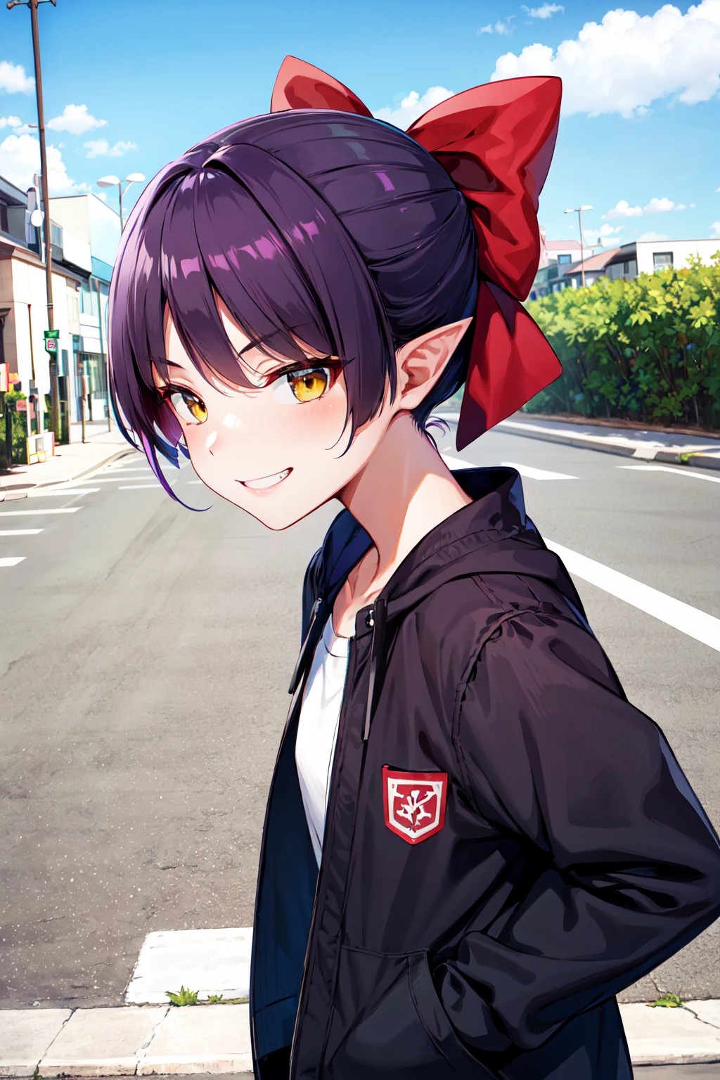 best quality, highres, nmm1, nekomusume, nekomusume \(gegege no kitarou 6\), 1girl, purple hair, yellow eyes, solo, hair bow, pointy ears, short hair, red bow, bangs, <lora:nekomusume_v1:0.5>, black jacket, short, white shirt, hand in pocket, evil smile, street, walking, day