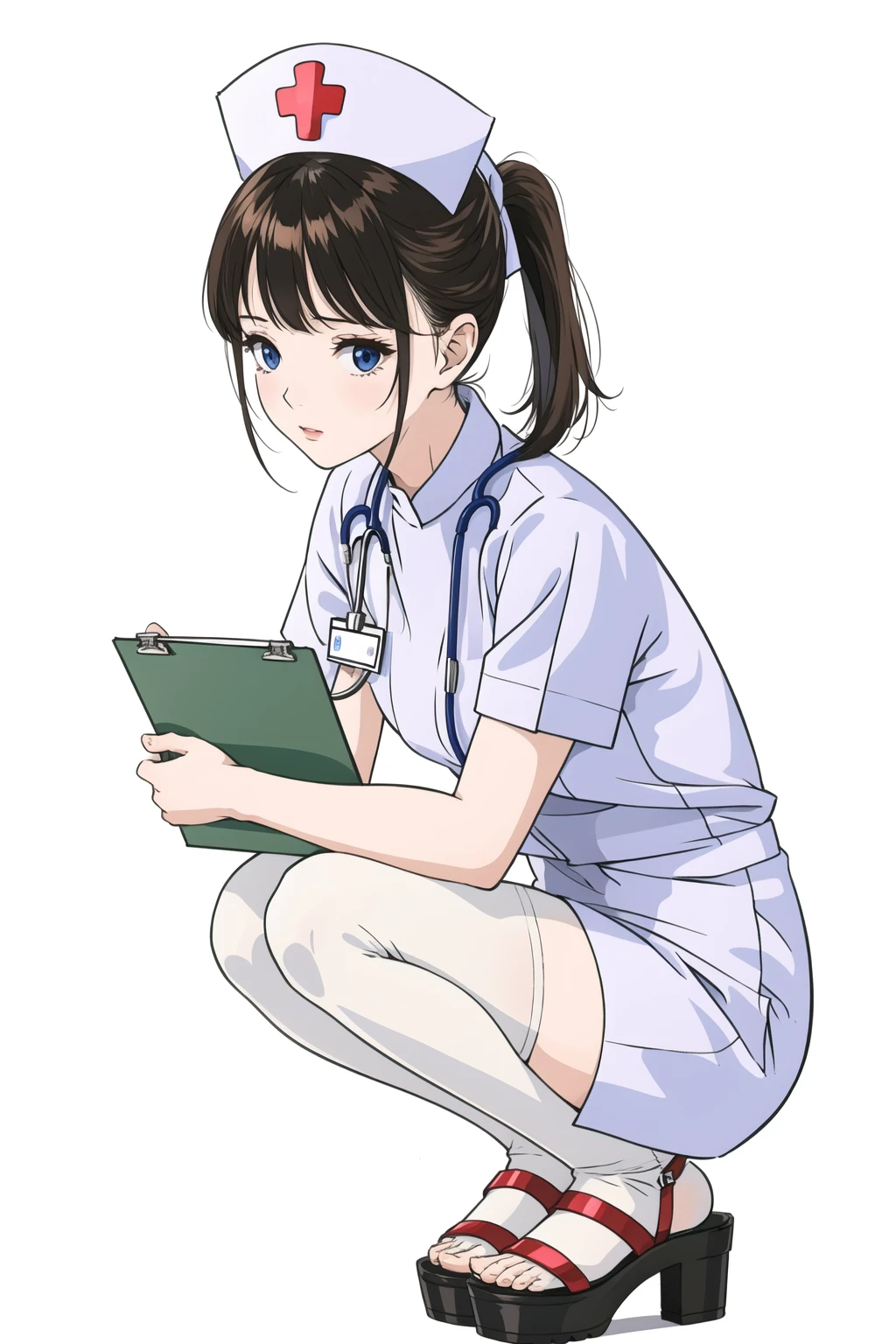 ((((masterpiece)))), ((((highly detailed)))),[[[realistic art]]], beautiful child girl, slender,small breasts, ((((bangs)))), ((1girl)),solo,((looking afar)), [expressionless], medium hair, short ponytail,(((nurse))),short sleeves, (((nurses cap))), white panties, ((white pantyhose)), (white Nurse Sandals), stethoscope, ((pigeon toed)),((squatting)), name tag, foot focus, from below, full body , hug clipboard, Medical cabinet, medical office,

,[(white background:1.5),::5]