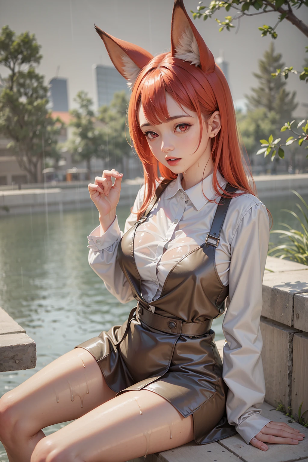 (masterpiece), (best quality:1.2), absurdres, [:intricate details:0.2], 1girl, fox ears, orange hair, red eyes, glowing, sitting, outdoors, (wet blouse, wet, rain), perfact anatomy,
