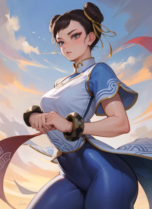 (masterpiece, best quality, high resolution), (illustration:1.0), extremely detailed face, perfect lighting, (perfect hands,perfect anatomy), (1girl, solo:1.5), glowing skin and perfect symmetrical pretty face ,cowboy shot,  chunlims,  hair bun, double bun, chinese clothes, solo, dress, bracelet, ribbon, pants, blue pants, makeup,  short sleeves, wide hips, thick thighs,  <lora:ChunliMS:1>,