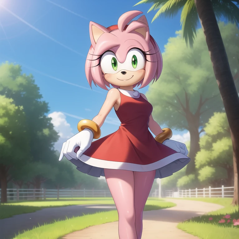 (masterpiece, best quality:1.1), (amy rose:1.1), 1girl, solo, dress, pink skin, looking at viewer, smile, detailed eyes, outdoors, at the park, grass, tree, sky, pathway