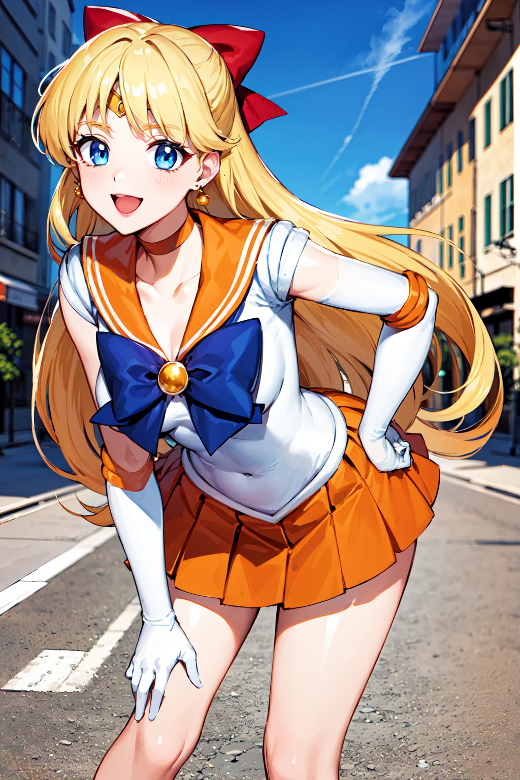 masterpiece, best quality, highres, venus1, 1girl, solo, sailor senshi uniform, sailor venus, aino minako, blonde hair, magical girl, blue eyes, orange skirt, elbow gloves, tiara, pleated skirt, hair bow, orange sailor collar, miniskirt, choker, red bow, orange choker, white gloves, very long hair,  jewelry,  earrings, <lora:sailor_venus_v1:0.6>, hand on hip, bent over, leaning forward, smile, open mouth, street,