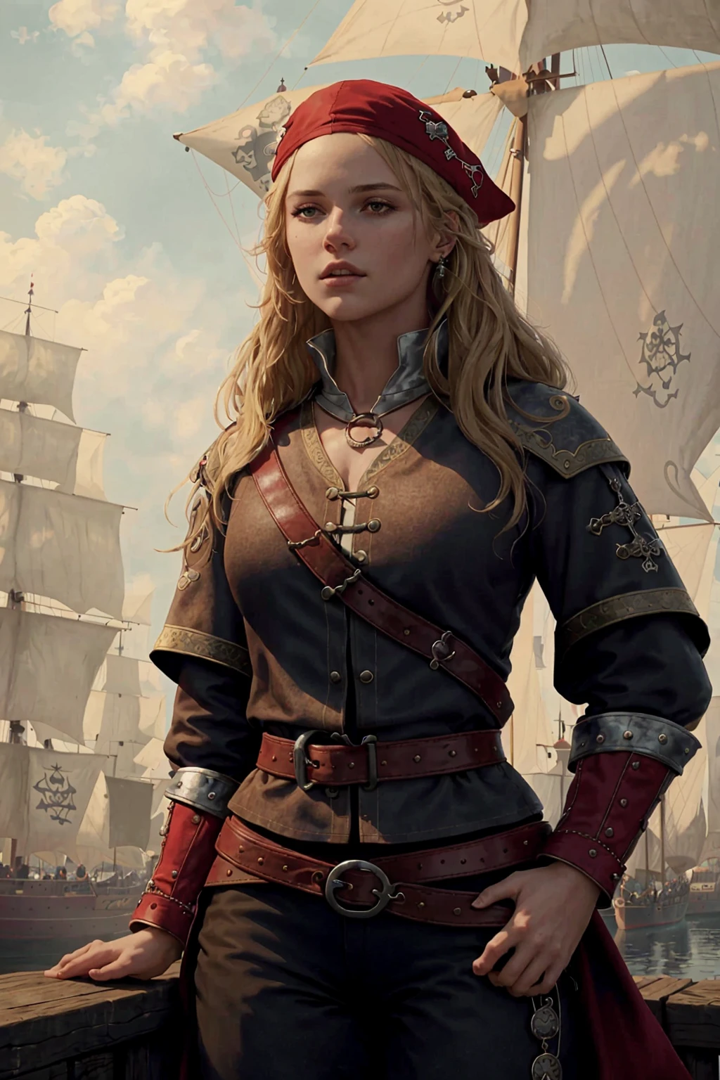 (medieval pirate:1.2) blonde girl with red coat belts straps pants bandana standing on the docks in a crowd of sailors working beautiful cloudy sky bright morning light, (masterpiece:1.2) (illustration:1.1) (best quality:1.2) (detailed) (intricate) (8k) (HDR) (wallpaper) (cinematic lighting) (sharp focus) <lora:AZovyaRPGArtistToolsLORAV2:0.75>