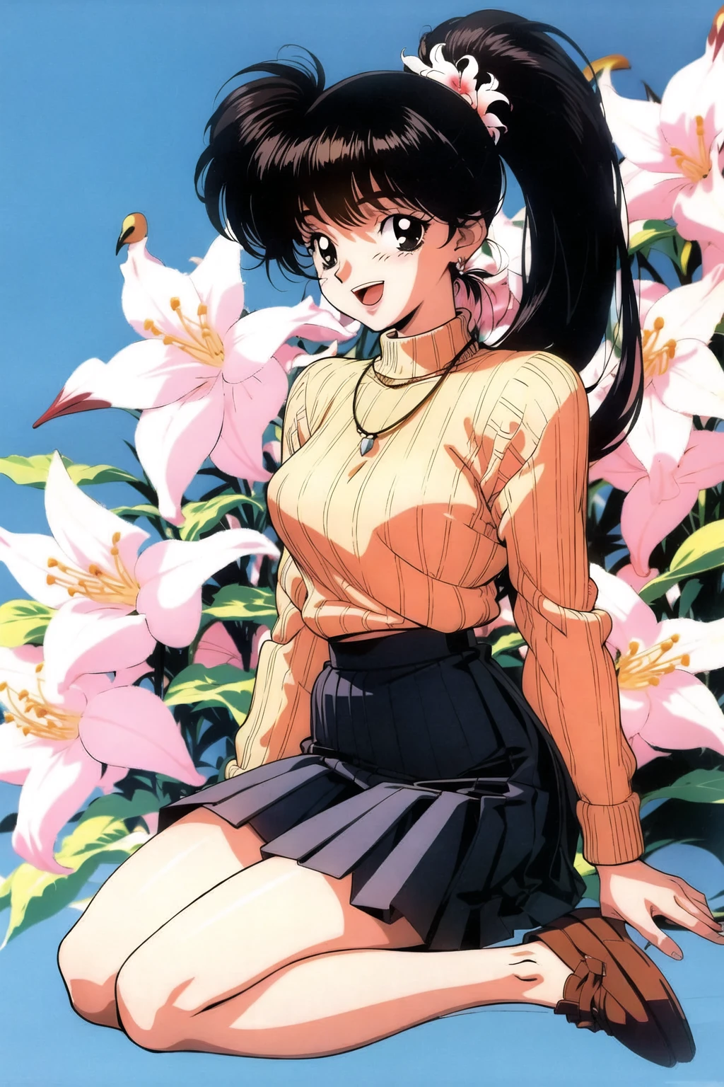 1990s \(style\), 1girl, bag, bird, black eyes, black hair, brown footwear, flower, jewelry, lily \(flower\), long hair, long sleeves, necklace, open mouth, orange shirt, pleated skirt, ponytail, ribbed sweater, shoes, skirt, smile, solo, sweater