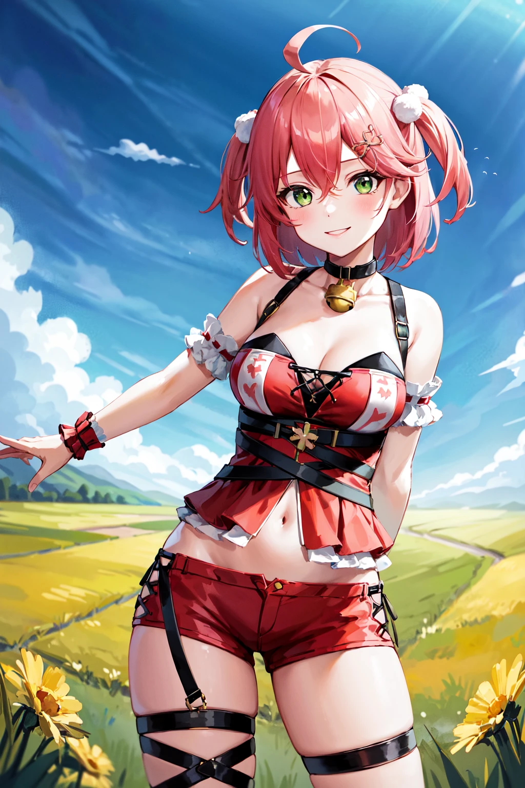 masterpiece, best quality, highres, miko3, 1girl, sakura miko, solo, green eyes, ahoge, cleavage, pink hair, neck bell, cat hair ornament, short shorts, bangs, hair between eyes, two side up, red shorts, red shirt, medium hair, black choker, pom pom hair ornament, short sleeves, cross-laced clothes, bare shoulders, thigh strap, wrist cuffs, hairclip, <lora:sakura miko_v1:0.6>, field, grass, standing, cowboy shot, (arms behind back:1.2), smile,