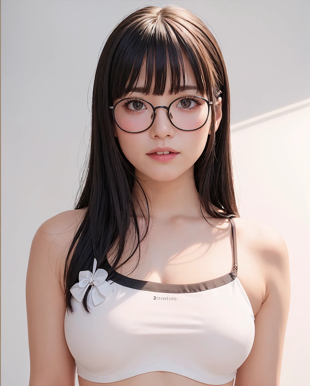 best quality, photorealistic, 8k, high res, 1girl, woman, (skindentation), (portrait:0.6), gorgeous, ((whitebackground, sport top, small breast:1.65)), (thin-frame round glasses, long hair, parted bangs:1.6), looking at viewer,  (1girl eyes looking at viewer:1.6), photorealistic, (bokeh), lips, (teeth:1.3), smile,  gorgeous, pureerosface_v1:1, <lora:grav-umi:0.45>