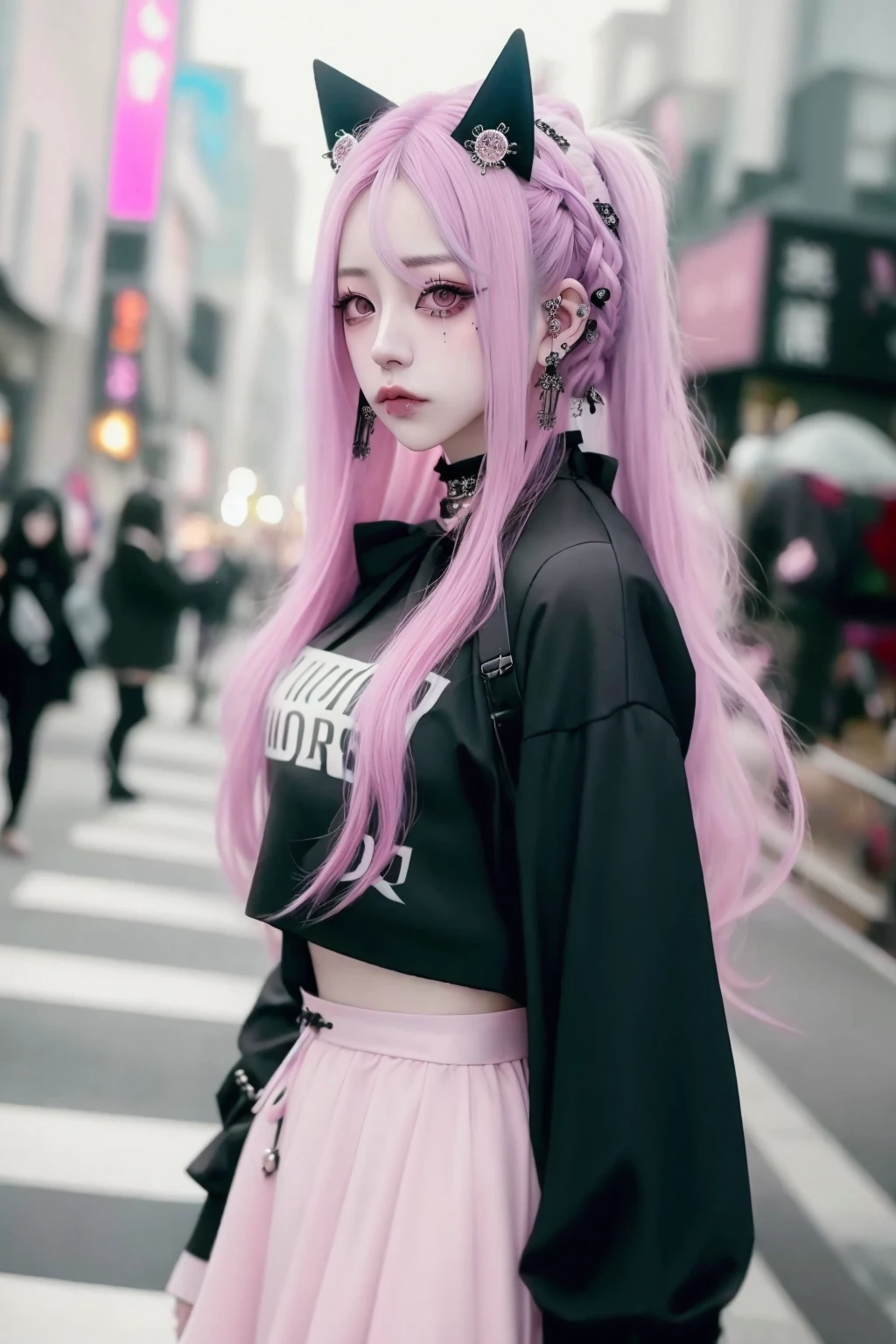 ulzzang-6500-v1.1, Goth_punk, 1girl, solo, long hair, blurry background, pink hair, pink skirt, <lora:Gothpunk:0.6>