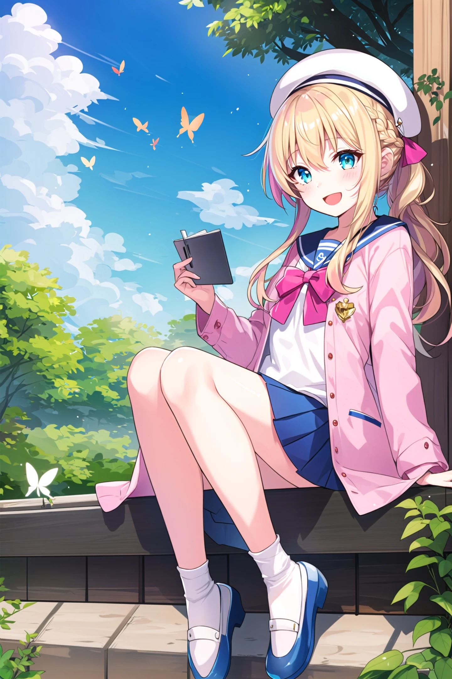official art, illustration,wallpaper,tachi-e,
1loli,long hair, hair between eyes, pink hair, french braid, azure-blue eyes, blush, smile,
cute face,solo,split ponytail,
sailor shirt, pleated skirt, semi-open coat, white-beret with (blue and white strtipe bow), white legwear, mary janes, :d,
masterpiece, best_quality,1girl, solo,fox_ears,yellow eyes:1.5|green eyes:1.1,(pink hair:1.2|blonde hair), gentle hazel eyes, flowing wavy hair, ankle socks, gazing at viewer, white socks, ballet flats, pastel sundress, full body, butterfly garden, surrounded by fluttering butterflies, sunlight filtering through leaves, serene expression, spring
<lora:Trush-A:0.1>