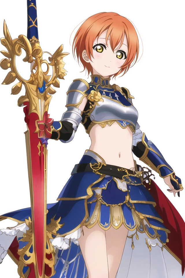 masterpiece, best quality, masterpiece, hoshizora rin in knights armor holding a sword, (1girl), <lora:LLCharV2-8:1>, (LLChar), hoshizora rin, orange hair, short hair, yellow eyes, armor, white background, simple background, midriff,