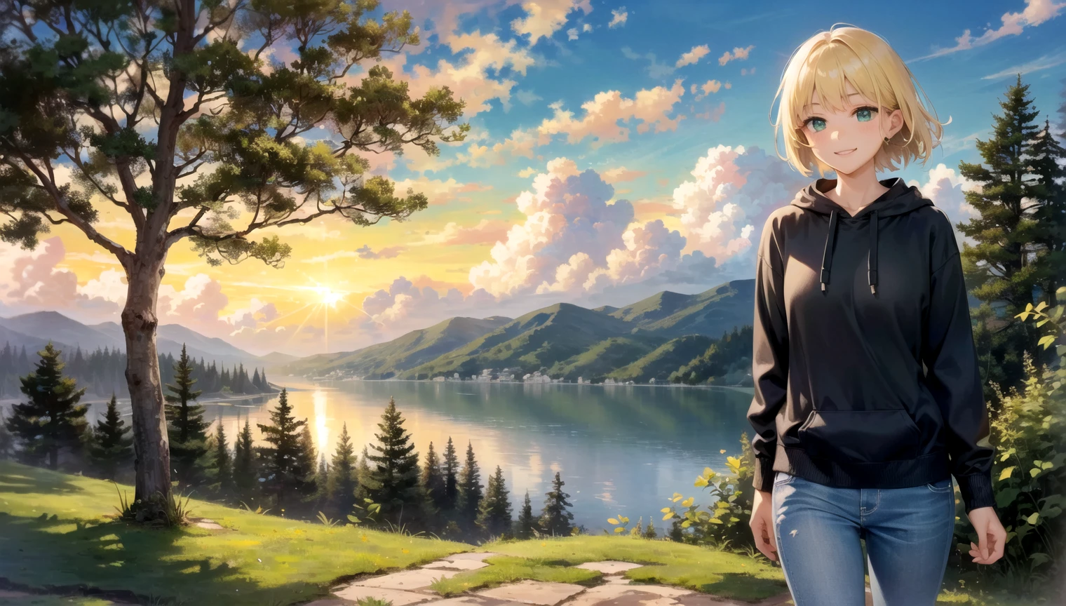 blue_sky, building, bush, cliff, cloud, cloudy_sky, day, forest, grass, horizon, house, jungle, lake, lens_flare, light_rays, mountain, nature, outdoors, path, pine_tree road, scenery, sky, sun, sunbeam, sunlight, sunset, tree, tree_shade, water, (Woman:1.4), blonde hair, green eyes, tight jeans, black hoodie, walking, short hair, solo, close-up, smiling, arms at sides