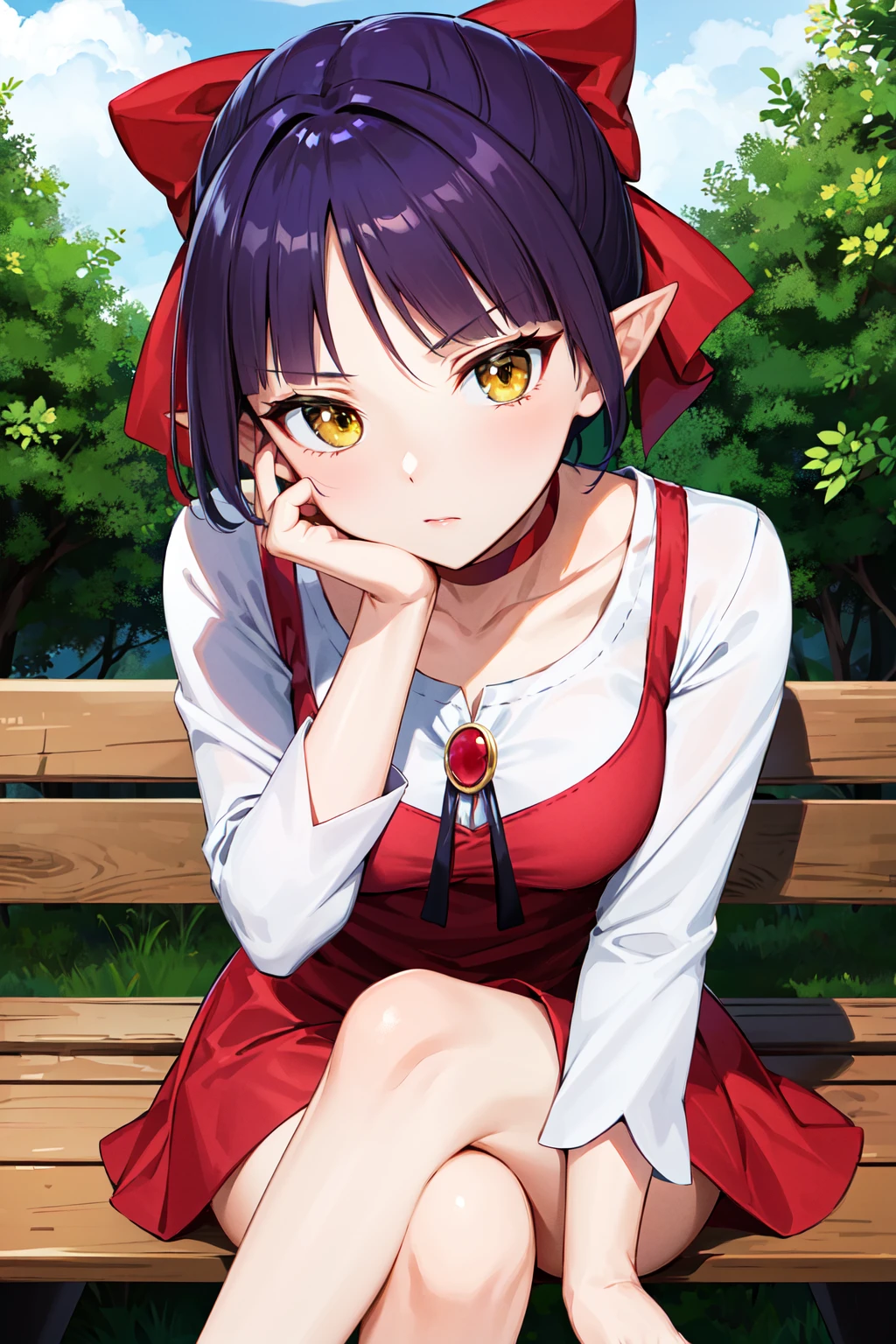 masterpiece, best quality, highres, best quality, highres, nmm1, nekomusume, nekomusume \(gegege no kitarou 6\), 1girl, purple hair, yellow eyes, solo, red dress, red choker, hair bow, pointy ears, short hair, white shirt, long sleeves, red bow, bangs, collarbone, brooch, jewelry, <lora:nekomusume_v1:0.6>, bench, stting, leaning forward, hand on own knee, hand on own face, (crossed legs:1.1),