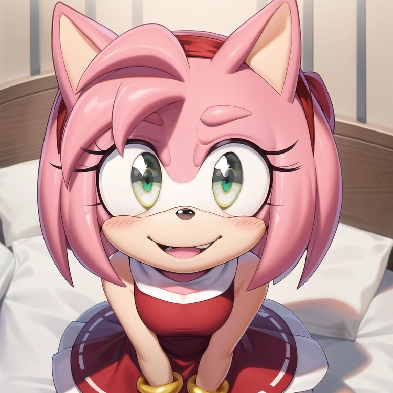 (masterpiece, best quality:1.1), (amy rose:1.1), 1girl, solo, dress, pink skin, looking at viewer, smile, detailed eyes, cowboy shot, indoors, bed, pillow, hand up, nose blush