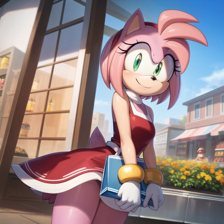 (masterpiece, best quality:1.1), (amy rose:1.1), 1girl, solo, dress, pink skin, looking at viewer, smile, detailed eyes, outdoors, marketplace, shopping