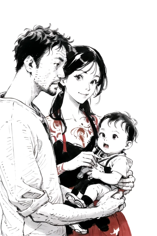 a drawing of two people with red ink on paper, one of them is holding a baby and the other is looking at a man, a drawing, kim jung gi, context art kimjunggi style