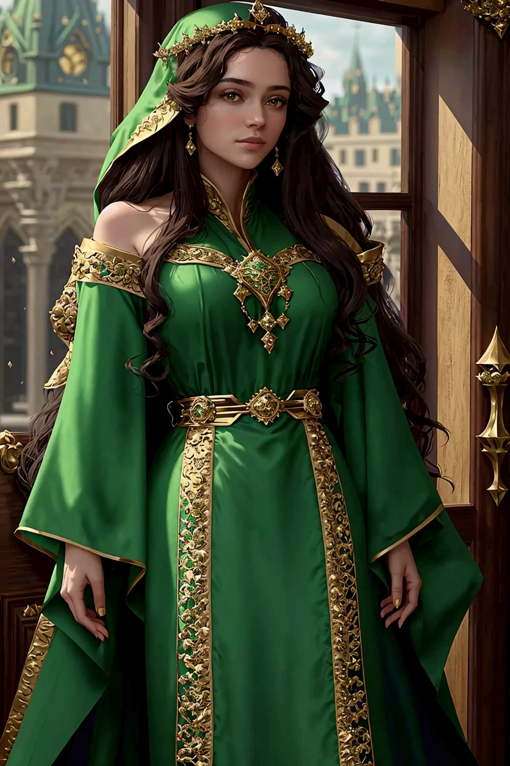 medieval portrait fantasy princess long curly brunette hair princess glorious elaborate ornate royal (emerald robes:1.2) tiara gems detailed luxurious stone castle Game of Thrones Hogwarts bright morning light from window, (masterpiece:1.2) (best quality) (detailed) (intricate) (8k) (HDR) (wallpaper) (cinematic lighting) (sharp focus) <lora:AZovyaRPGArtistToolsLORAV2:0.75>