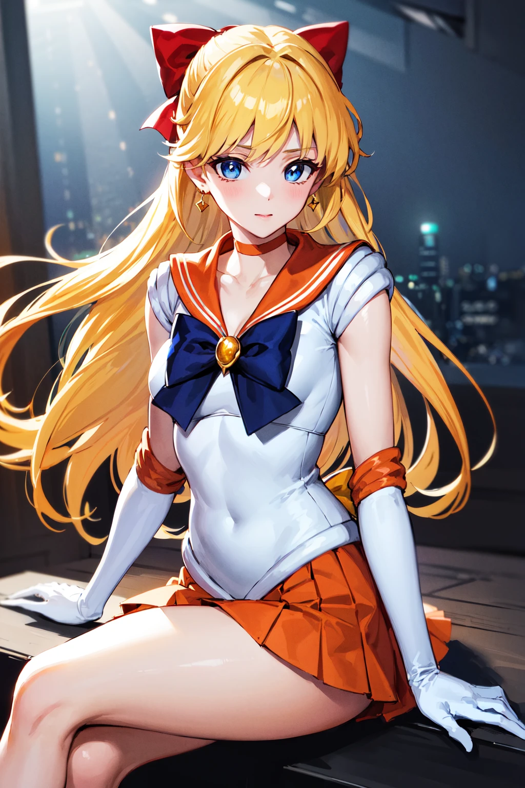 masterpiece, best quality, highres, venus1, 1girl, solo, sailor senshi uniform, sailor venus, aino minako, blonde hair, magical girl, blue eyes, orange skirt, elbow gloves, tiara, pleated skirt, hair bow, orange sailor collar, miniskirt, choker, red bow, orange choker, white gloves, very long hair,  jewelry,  earrings, <lora:sailor_venus_v1:0.6>, sitting, crossed legs,