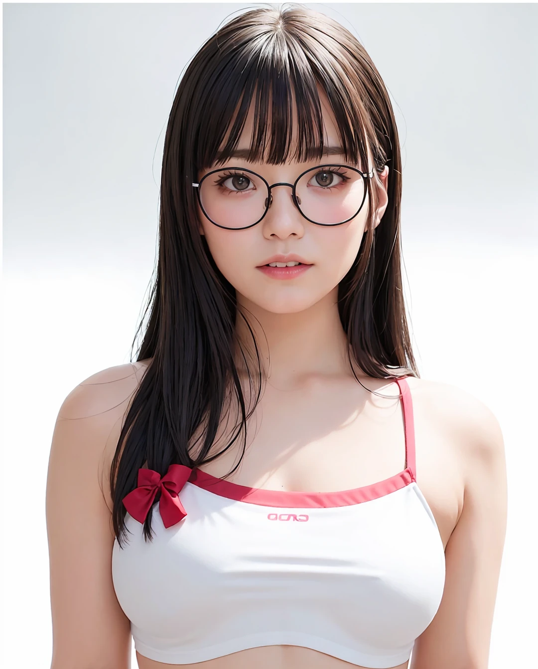 best quality, photorealistic, 8k, high res, 1girl, woman, (skindentation), (portrait:0.6), gorgeous, ((whitebackground, sport top, small breast:1.86)), (thin-frame round glasses, long hair, parted bangs:1.6), looking at viewer, (1girl eyes looking at viewer:1.6), photorealistic, (bokeh), lips, (teeth:1.3), smile, gorgeous, pureerosface_v1:1, <lora:grav-umi:0.45>
