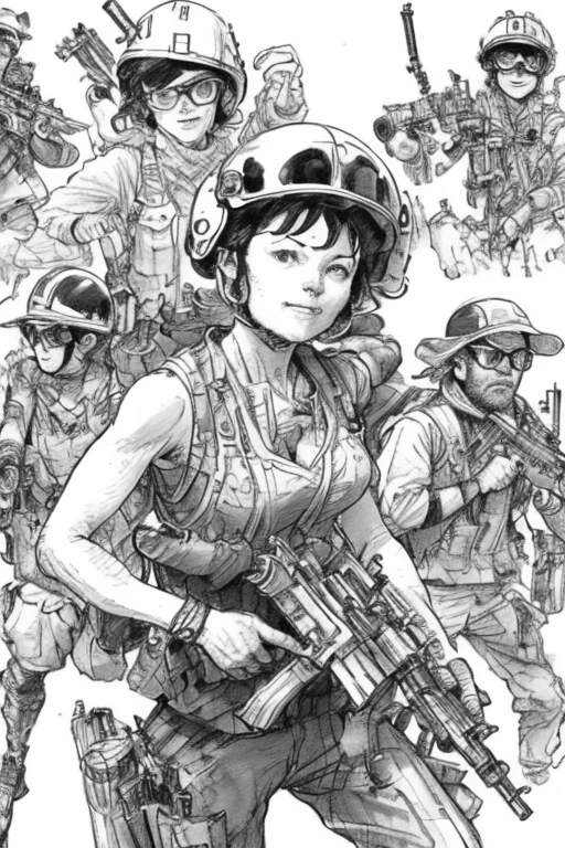 a sketch of a woman with guns and a helmet on her head and a gun in her hand, with other people behind her, underground comix, kimjunggi style