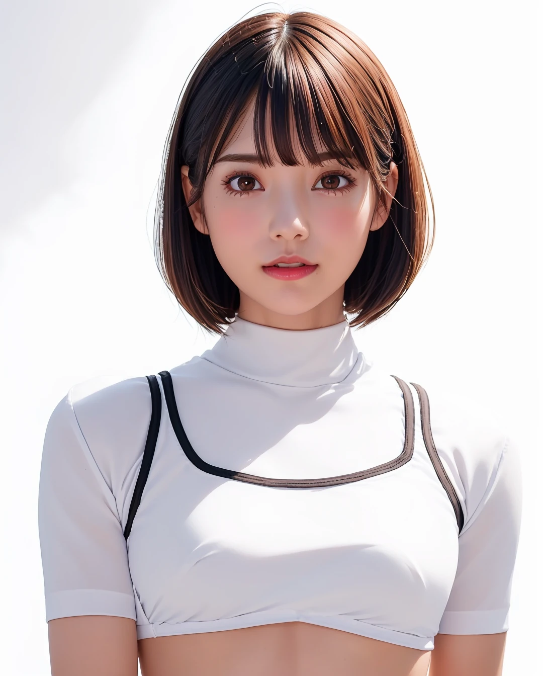 best quality, photorealistic, 8k, high res, 1girl, woman, (skindentation), (portrait:0.6), gorgeous, ((whitebackground, sport top, small breast:1.65)), (short wavy hair, parted bangs:1.6), looking at viewer,  (1girl eyes looking at viewer:1.6), photorealistic, (bokeh), (floating hair, smile:1.3), gorgeous, pureerosface_v1:1,  <lora:av-Lemon:0.55>