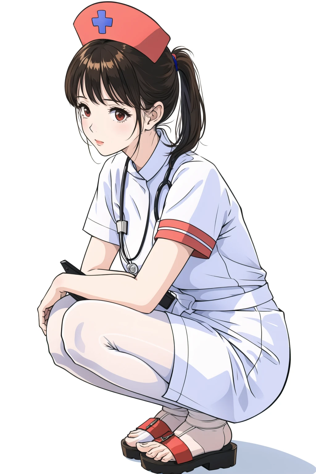 ((((masterpiece)))), ((((highly detailed)))),[[[realistic art]]], beautiful child girl, slender,small breasts, ((((bangs)))), ((1girl)),solo,((looking afar)), [expressionless], medium hair, short ponytail,(((nurse))),short sleeves, (((nurses cap))), white panties, ((white pantyhose)), (white Nurse Sandals), stethoscope, ((pigeon toed)),((squatting)), name tag, foot focus, from below, full body , hug clipboard, Medical cabinet, medical office,

,[(white background:1.5),::5]
