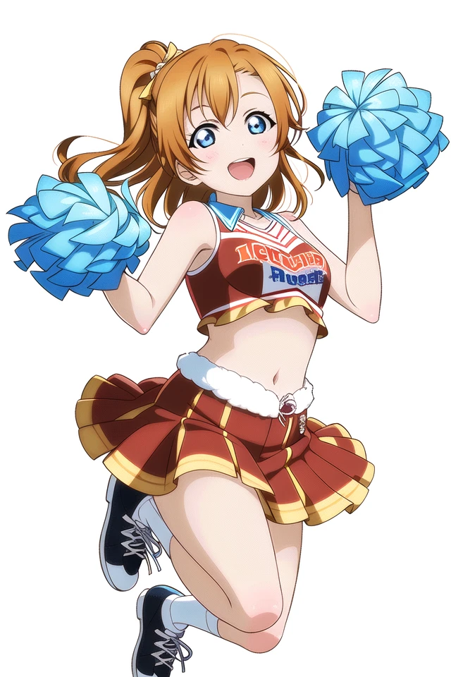 masterpiece, best quality, masterpiece, (1girl), <lora:LLCharV2-8:1>, (LLChar),(kousaka honoka:1.1), (orange hair, blue eyes), cheerleader, jumping, white background, epic, frilled skirt, crop top, midriff, happy, sneakers,