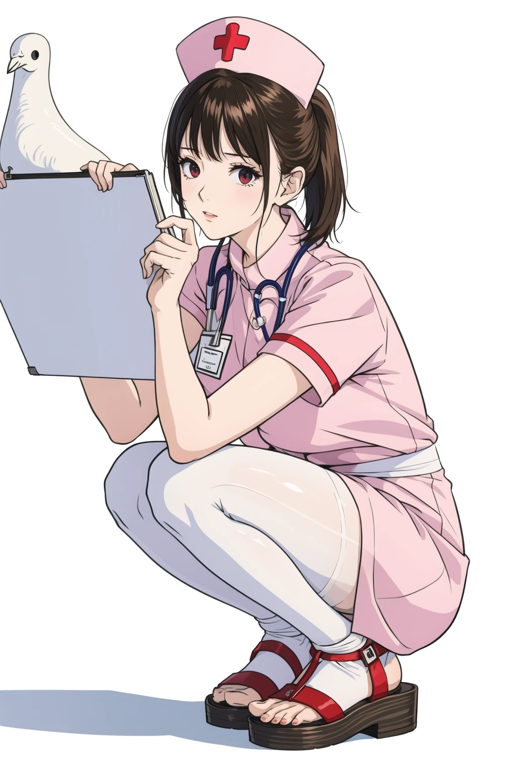 ((((masterpiece)))), ((((highly detailed)))),[[[realistic art]]], beautiful child girl, slender,small breasts, ((((bangs)))), ((1girl)),solo,((looking afar)), [expressionless], medium hair, short ponytail,(((nurse))),short sleeves, (((nurses cap))), white panties, ((white pantyhose)), (white Nurse Sandals), stethoscope, ((pigeon toed)),((squatting)), name tag, foot focus, from below, full body , hug clipboard, Medical cabinet, medical office,

,[(white background:1.5),::5]