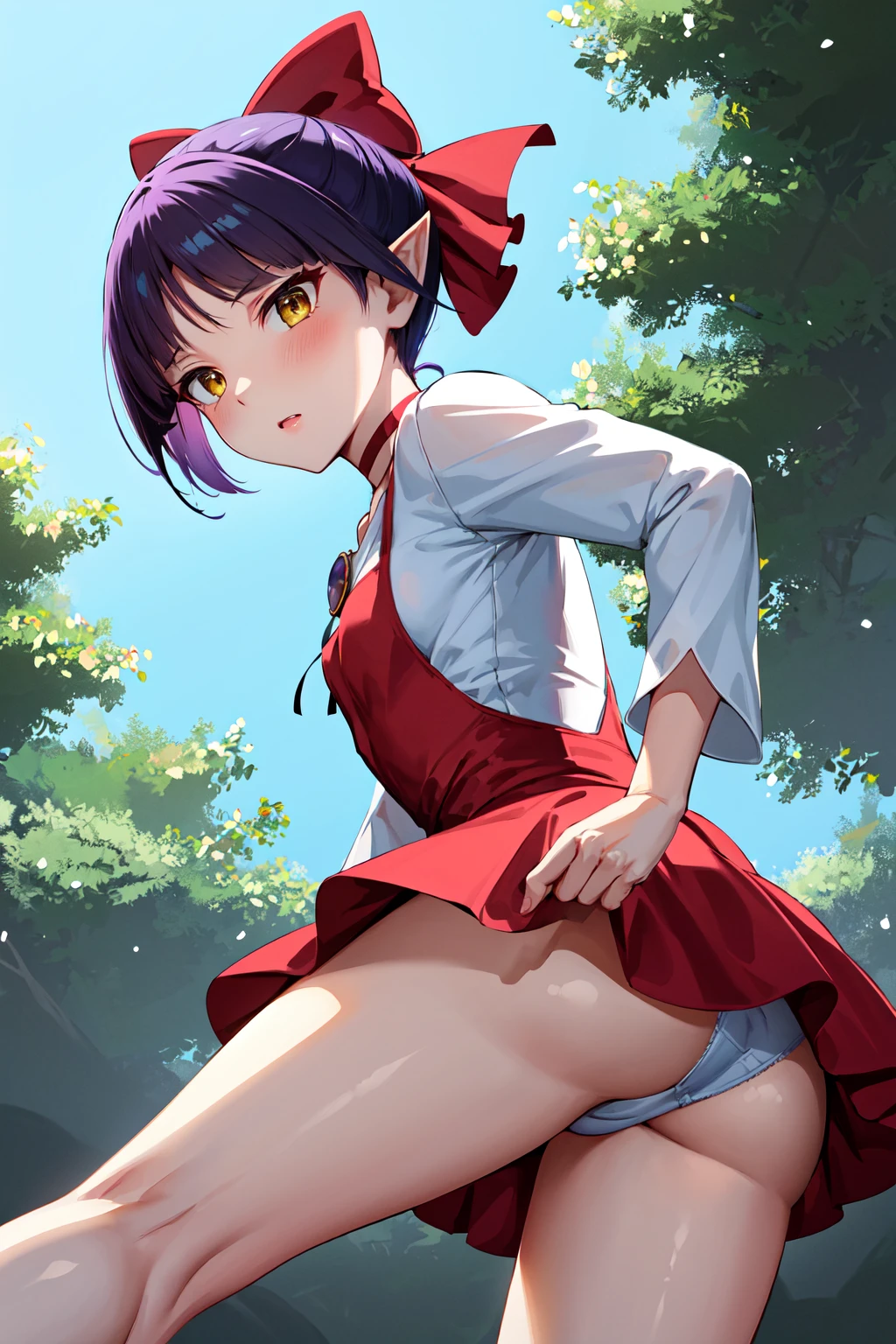 masterpiece, best quality, highres, nmm1, nekomusume, nekomusume \(gegege no kitarou 6\), 1girl, purple hair, yellow eyes, solo, red dress, red choker, hair bow, pointy ears, short hair, white shirt, long sleeves, red bow, bangs, collarbone, brooch, jewelry, <lora:nekomusume_v1:0.6>, fighting stance, ass, panties, from below,